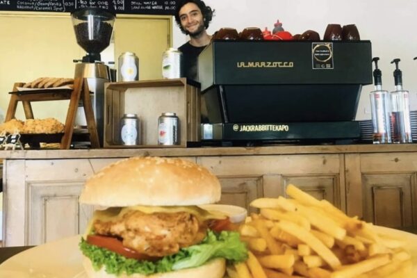 Burger and fries by Jack Rabbit Cafe @ The Godley Hotel
