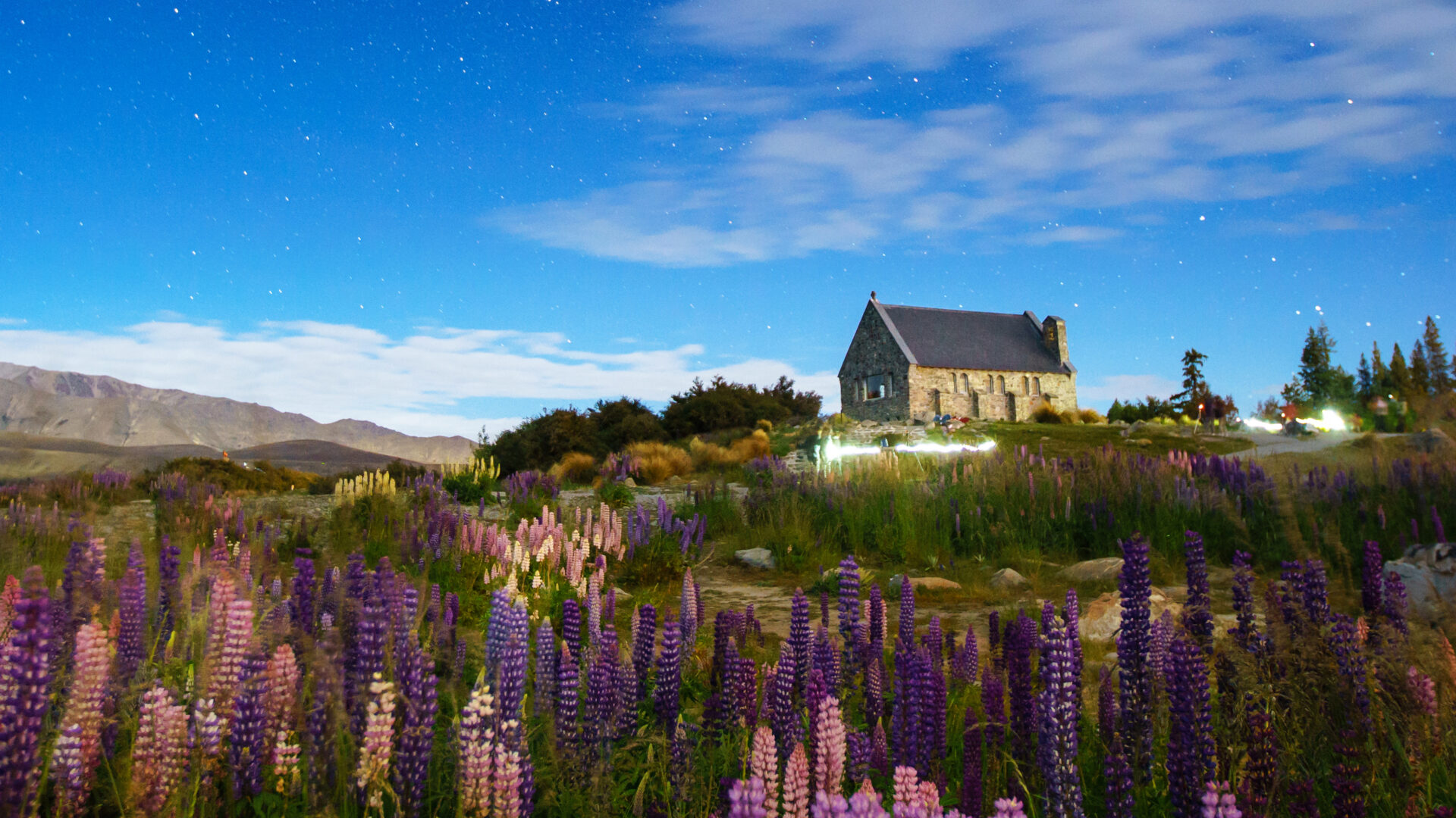 Church of the Good Shepherd with flowers in the background
